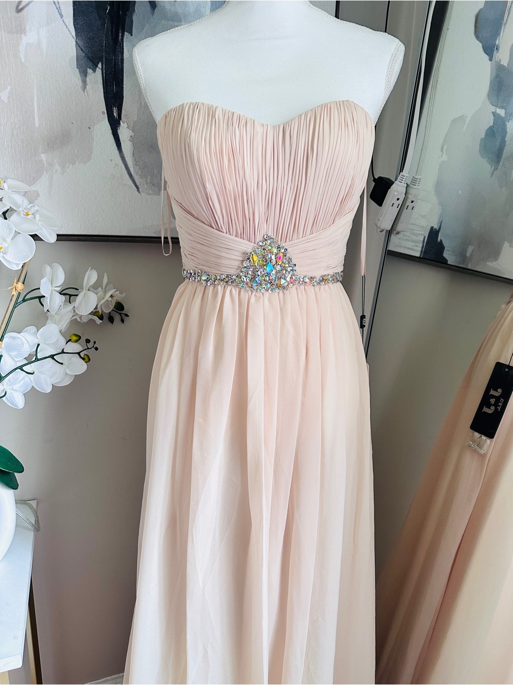 Strapless Blush Pink Evening Gown with Jeweled Waist